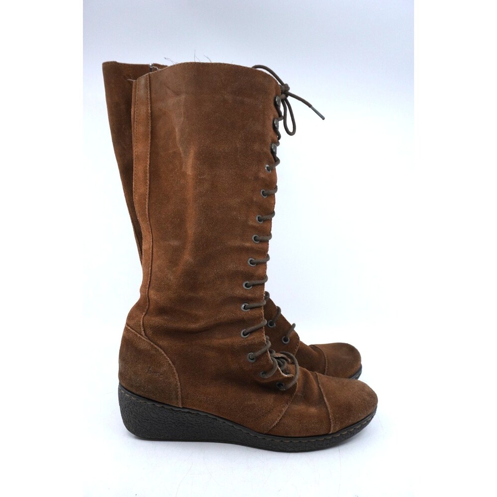BORN Lace up Knee High Boots Womens Size 8 Suede Brown Riding Block Wedge Zip